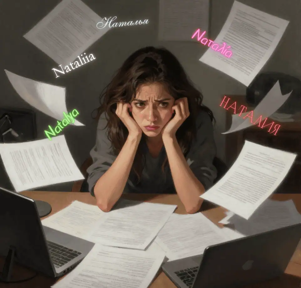 A woman sits at her desk, surrounded by papers, working on her laptop.