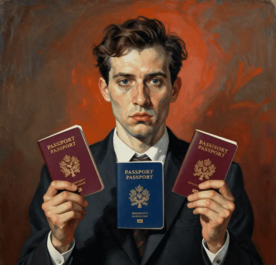 An artwork showing a man grasping three passports.