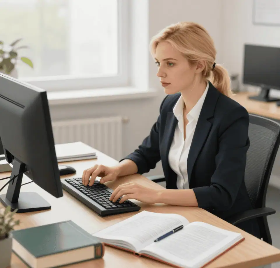 A woman dressed in a business suit working intently on a computer, surrounded by office materials.