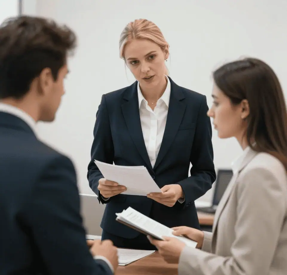 A woman wearing a business suit speaks with two people, indicating a collaborative discussion in a corporate setting.